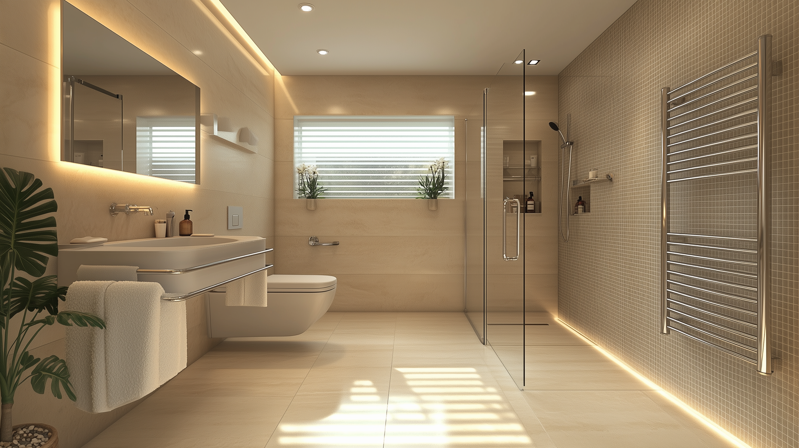 Barrierefreies Badezimmer mit bodengleicher Dusche, Haltegriffen, erhöhtem WC und unterfahrbarem Waschtisch – modern, sicher und komfortabel gestaltet.
