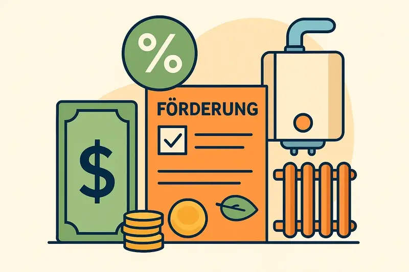 Förderung und Ersparnis bei Heizungstausch in Wien – Geldschein, Förderantrag und moderne Heizanlage