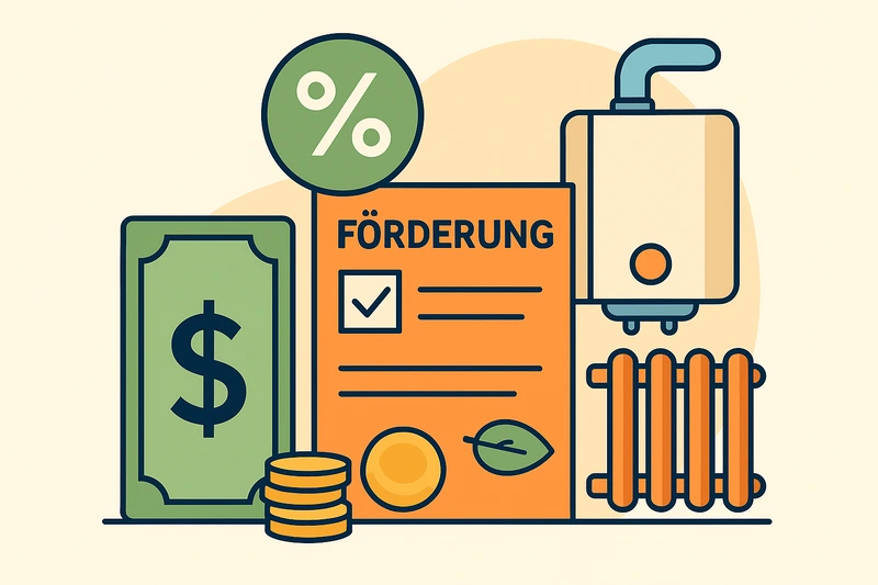 Förderung und Ersparnis bei Heizungstausch in Wien – Geldschein, Förderantrag und moderne Heizanlage