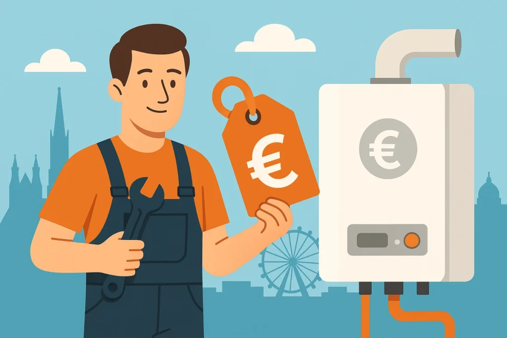 Heizungsinstallateur mit Euro-Preisschild und Heizgerät vor Wiener Skyline – Symbolbild für Heizkosten in Wien