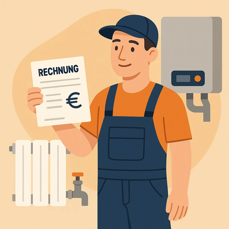 Heizungsinstallateur mit Rechnung vor Heizung und Heizkörper – Darstellung der Kosten für Heizungsarbeiten in Wien