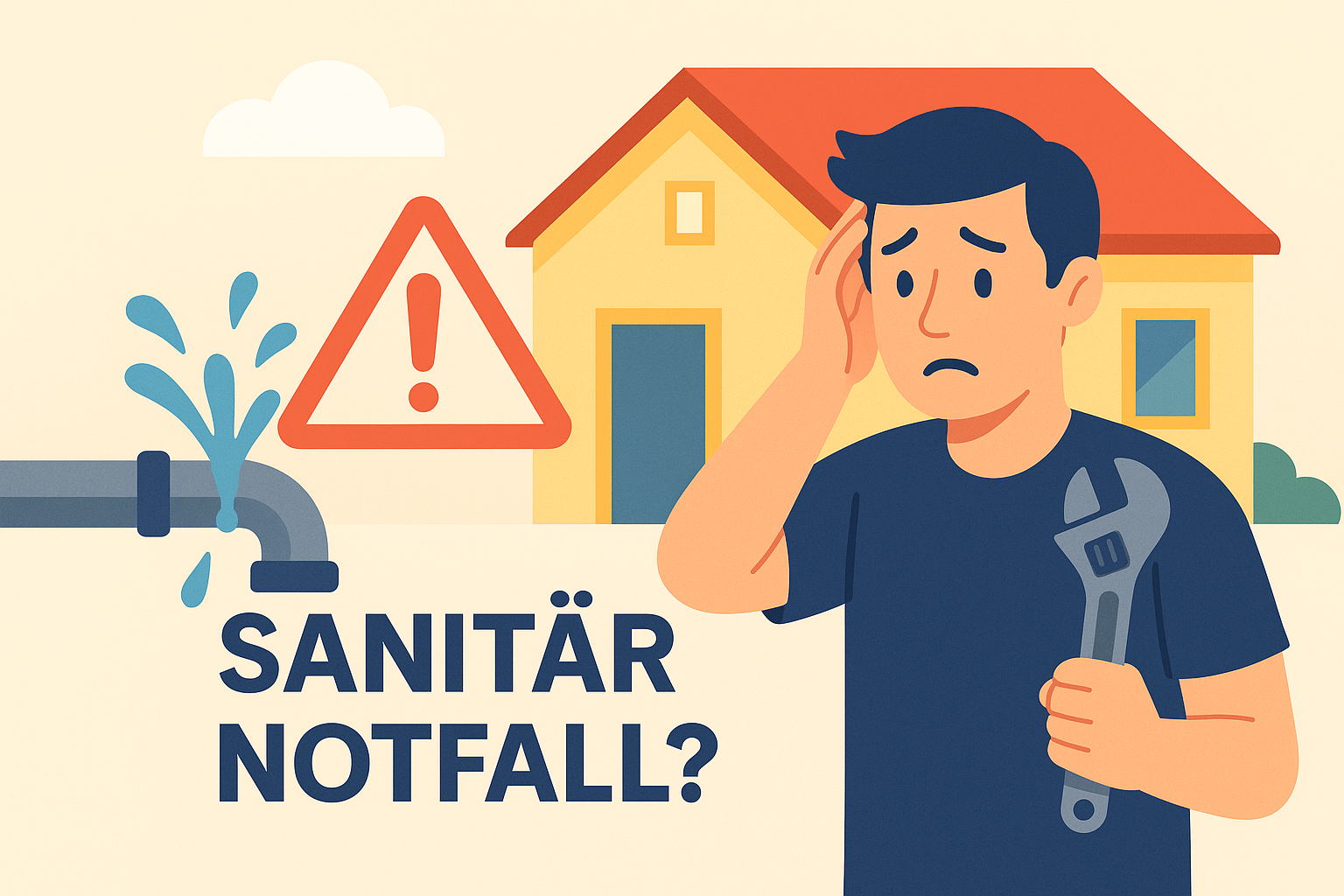 typische Sanitär Notfall szene: Ein besorgter Mann mit Schraubenschlüssel steht vor einem Haus, während aus einem Rohr Wasser spritzt. Daneben ist ein rotes Warnsymbol mit Ausrufezeichen zu sehen. Die Szene vermittelt klar den Ernstfall und ist ideal als Beitragsbild für Notdienst-Artikel oder Ratgeber zu Rohrbruch, Lecks und Notfällen