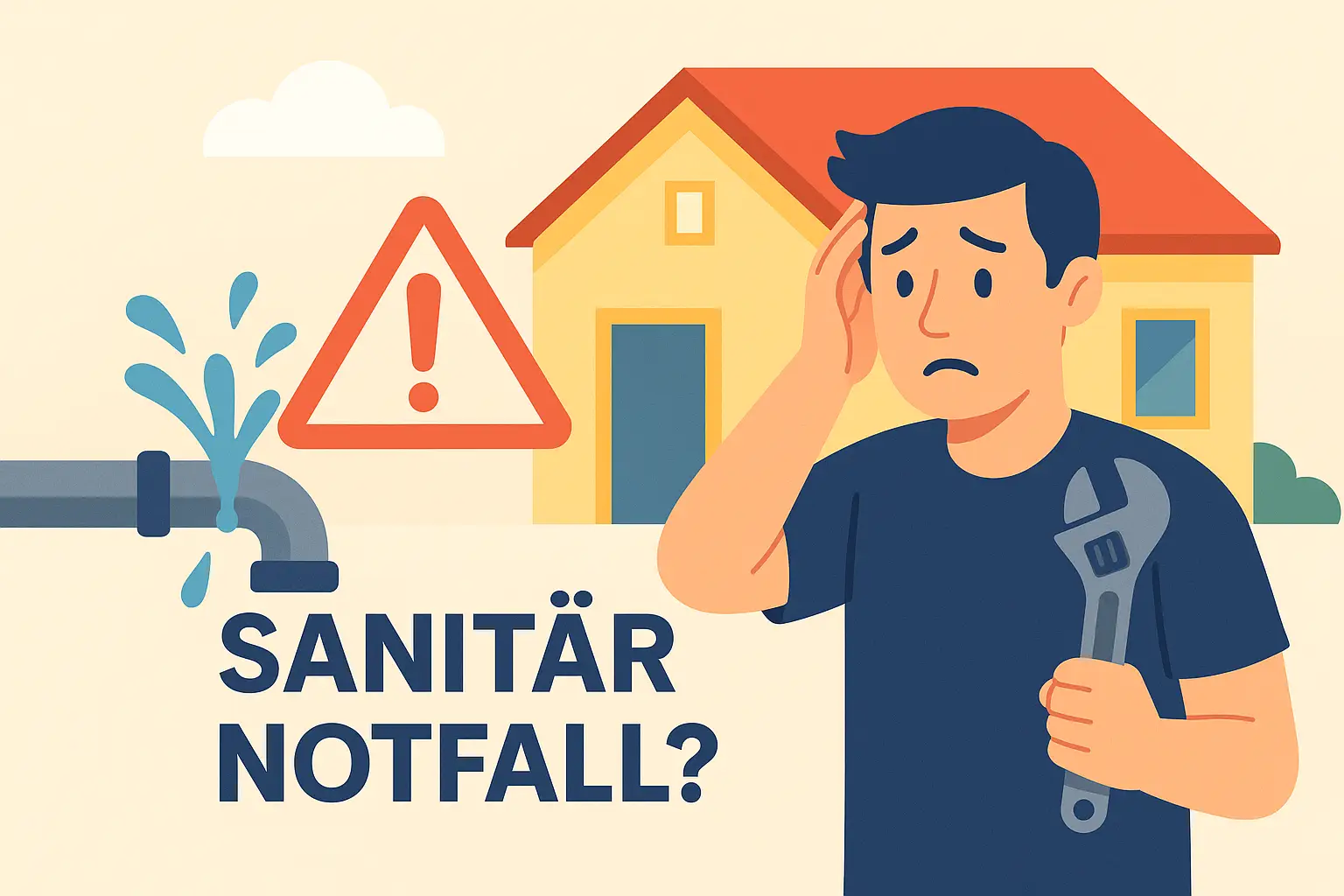 typische Sanitär Notfall szene: Ein besorgter Mann mit Schraubenschlüssel steht vor einem Haus, während aus einem Rohr Wasser spritzt. Daneben ist ein rotes Warnsymbol mit Ausrufezeichen zu sehen. Die Szene vermittelt klar den Ernstfall und ist ideal als Beitragsbild für Notdienst-Artikel oder Ratgeber zu Rohrbruch, Lecks und Notfällen
