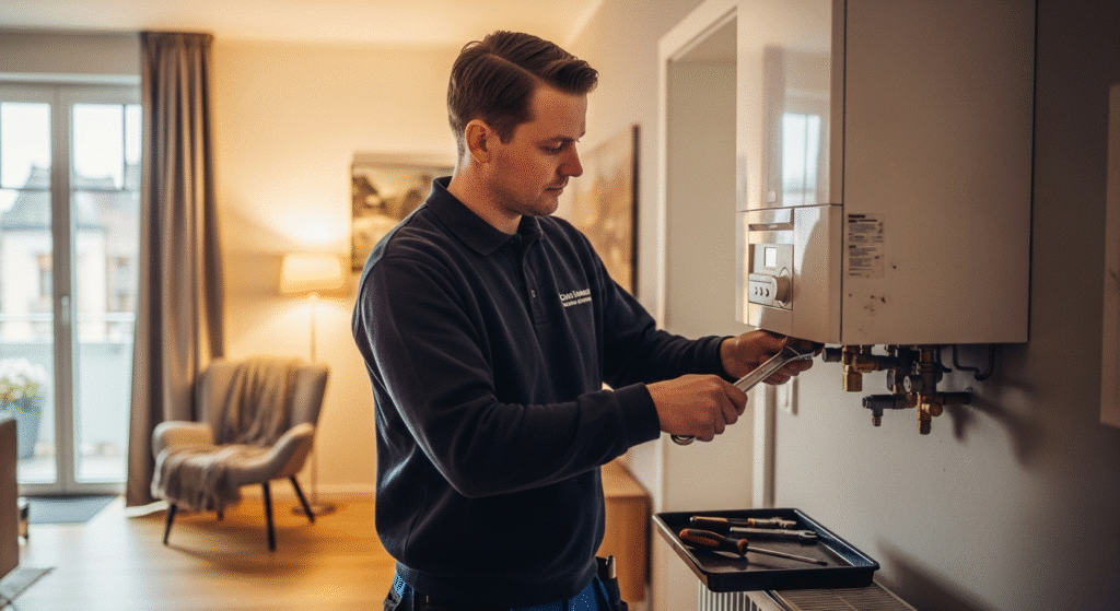 Professioneller Installateur führt Thermenwartung in einer Wohnung in 1130 Wien Hietzing an einer Gastherme durch.