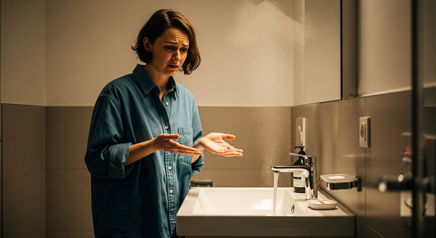 Person in einem Badezimmer in Wien Hietzing prüft den Wasserhahn, aber Warmwasser ist ausgefallen – typische Warmwasserstörung bei Gastherme.