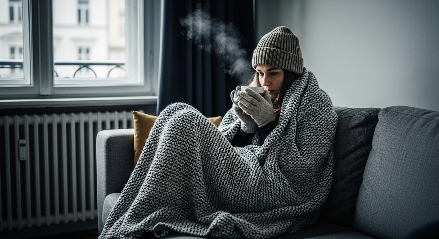 Junge Frau sitzt frierend im kalten Wohnzimmer, weil die Heizung nicht geht; typischer Heizungsausfall im Winter, Symbolbild für Heizung reparieren in Wien. Heizung geht nicht in Wien.