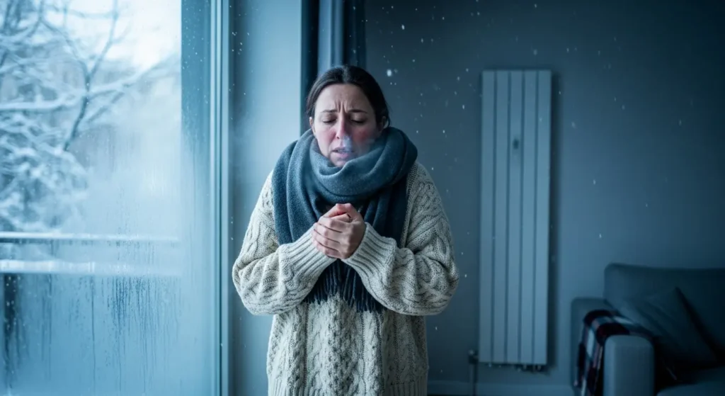 Frau friert in kalter Wohnung im Winter, weil die Gastherme ausgefallen ist – Gastherme ausgefallen Wien, keine Heizung und kein Warmwasser